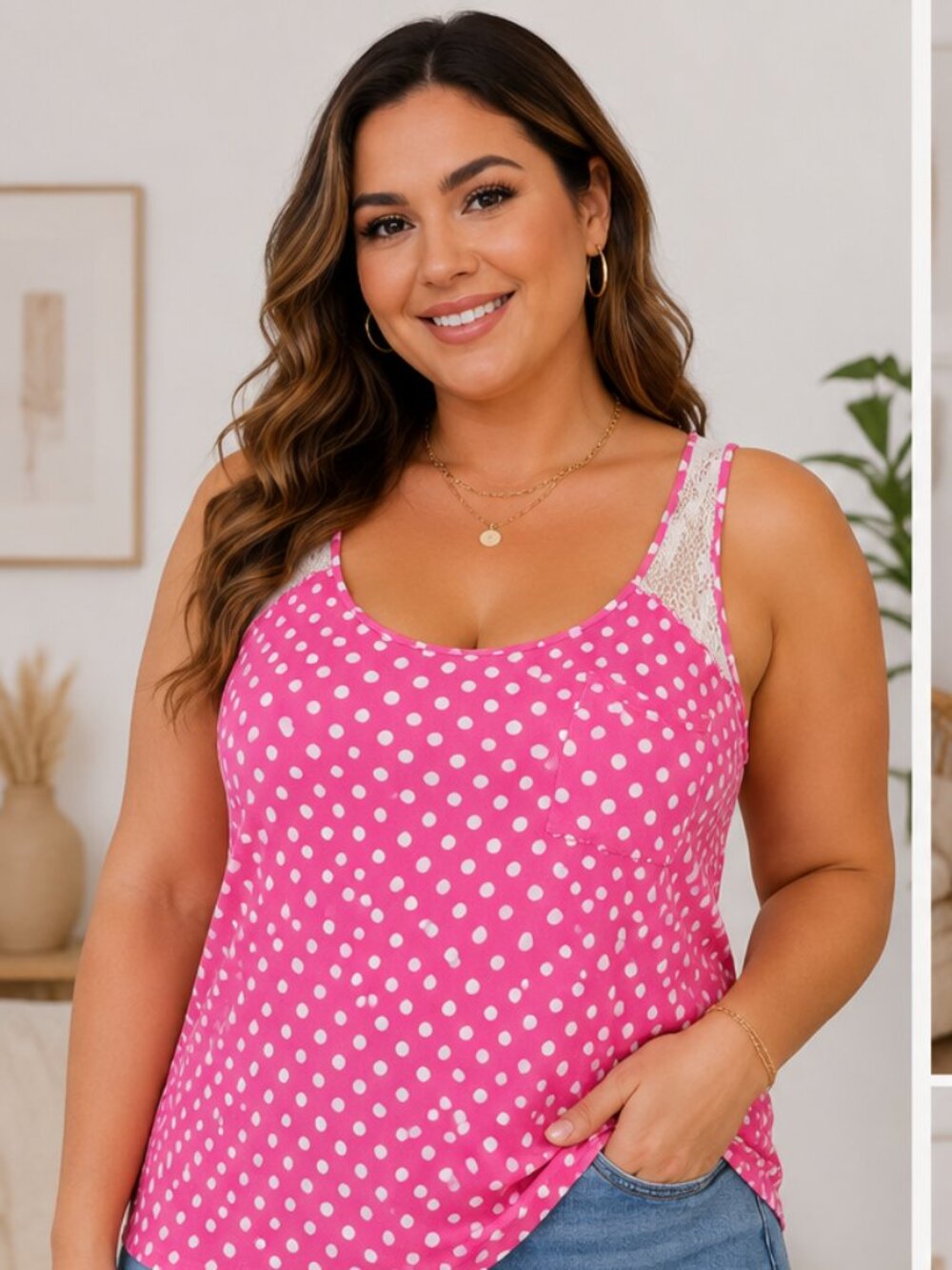 U2B 0X Pink White Polka Dot Lace Trim Pocket Top